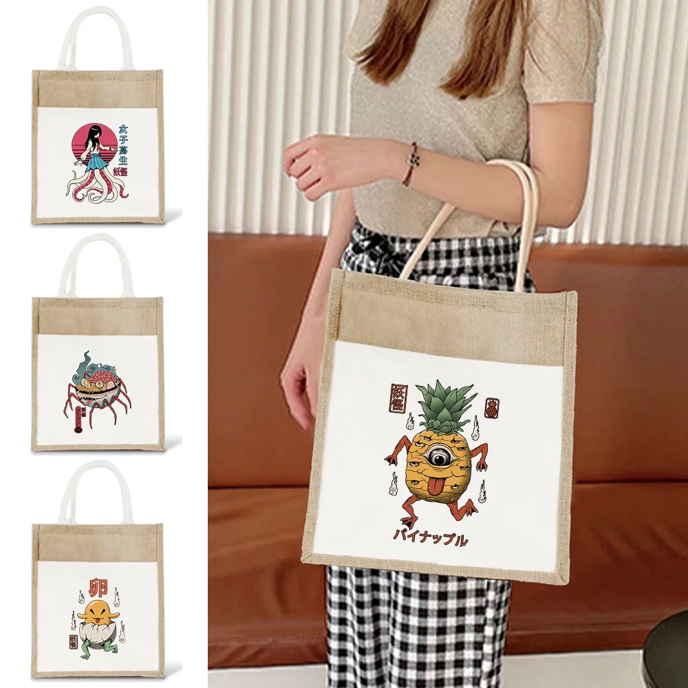 

Shopping Bag Vintage Tote Bags Cute Monster Pattern Reusable Environmental Grocery Storage Bags Casual Large Capacity Beach Bag