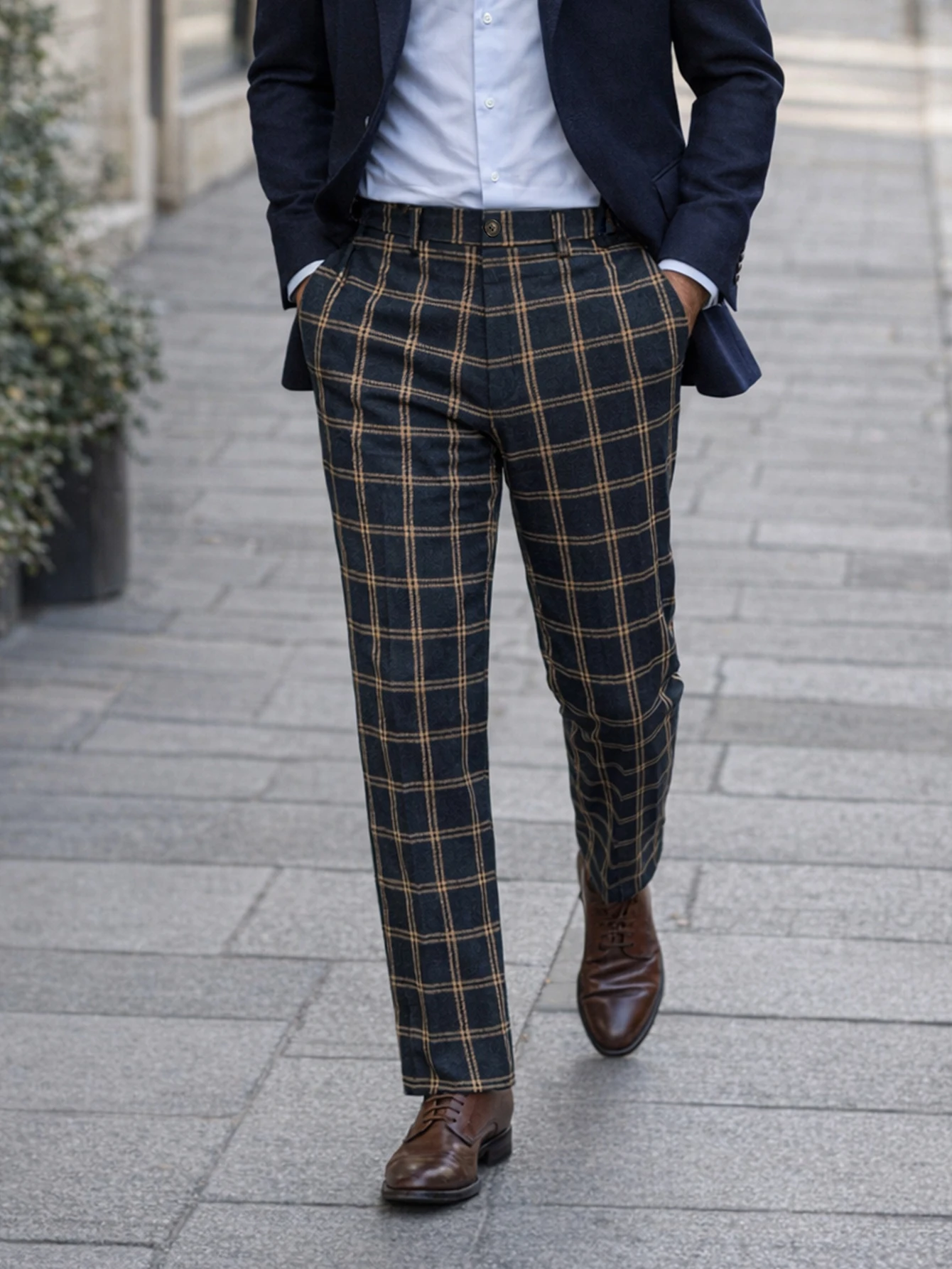 

Elegant Light Business Men Wool Trousers 2026 Spring Autumn, Neapolitan High Waist Plaid Button Casual Suit Dress Pants