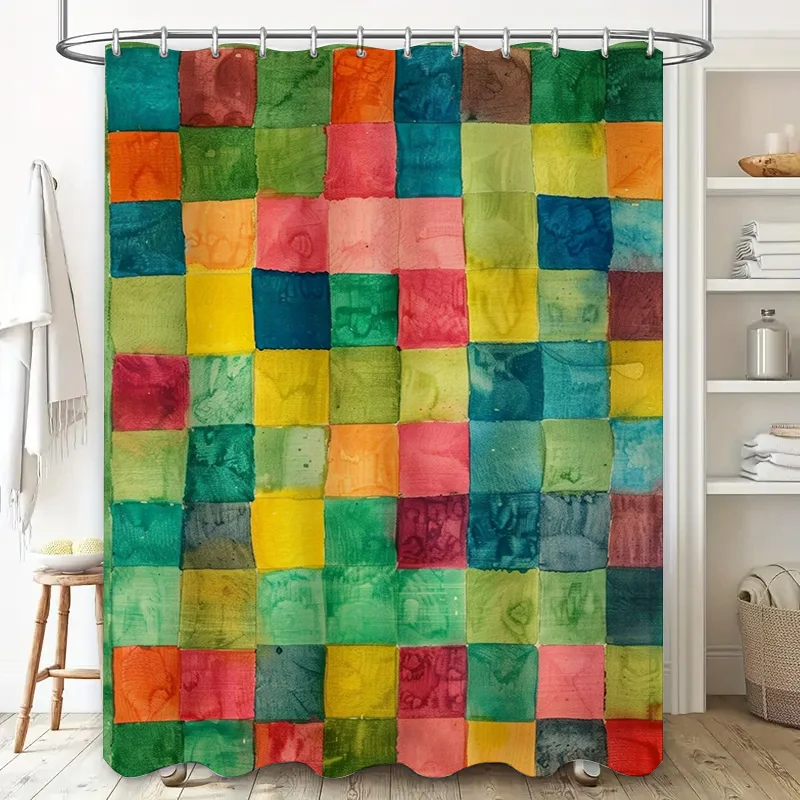 Green Colored Patchwork Shower Curtain for Bathroom Decorations Waterproof Fabric Bath Mat Sets