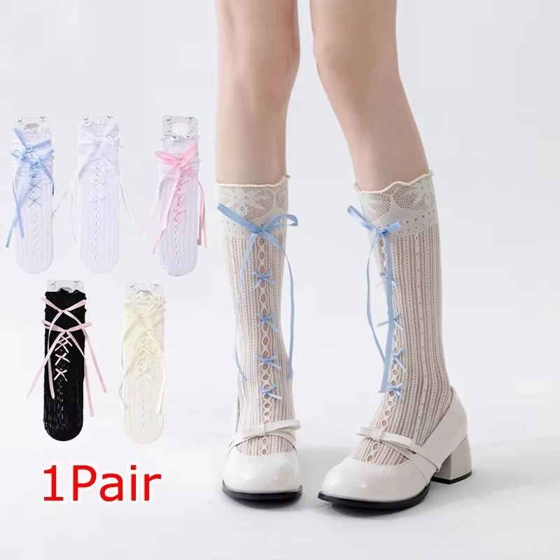 

Гольфы в стиле Лолиты, нежные чулки для женщин, полосатые ажурные длинные носки, полиэстеровые кружевные чулки для повседневного использования