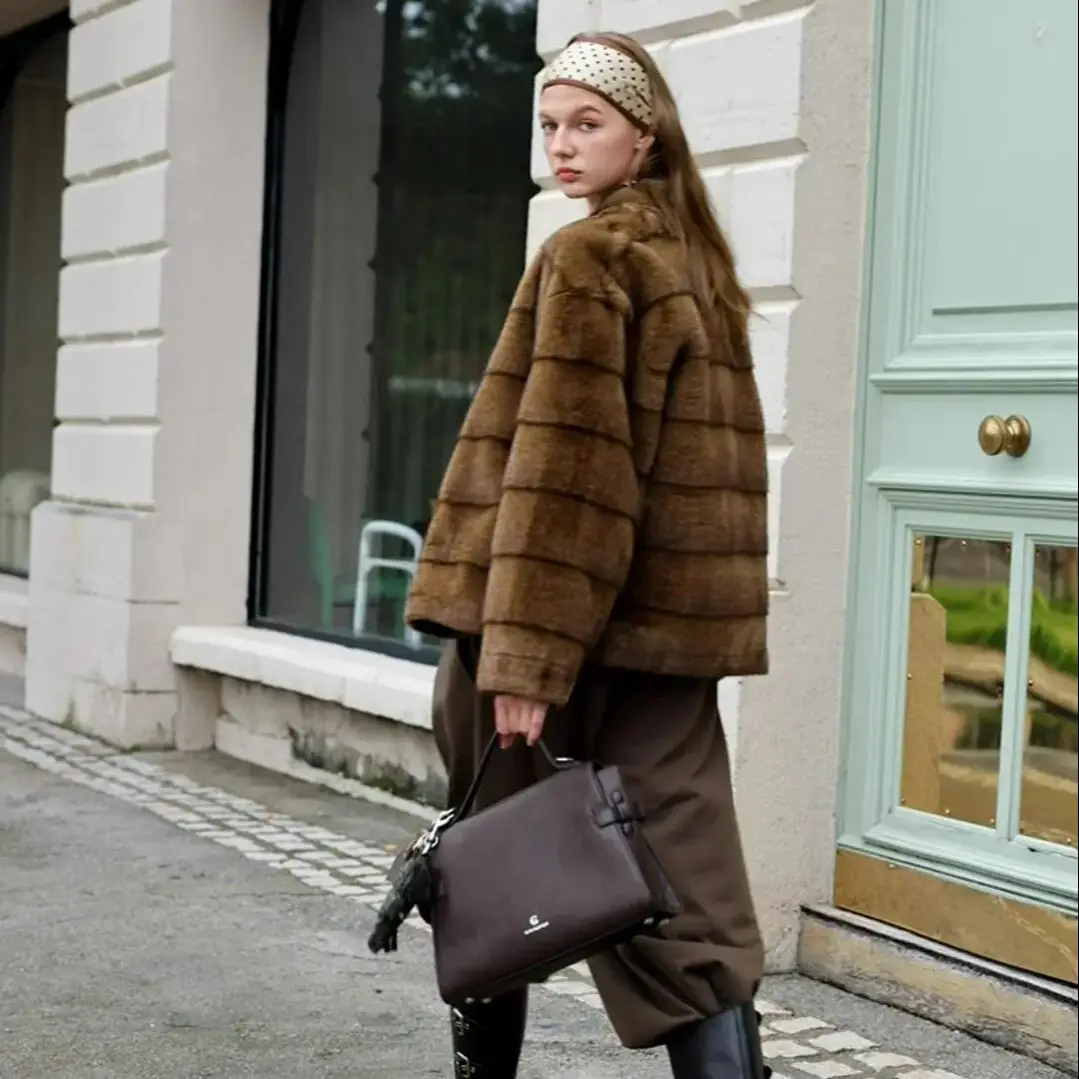 3 color 2025 Winter Embossing Strip Gradient Color Faux Mink Fur Coat Women V neck Full Sleeve Loose Warm Jacket Short Outerwear