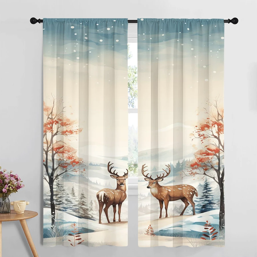 2PCS Watercolor Winter Forest Deer Curtains, Snowy Mountain Red Tree Christmas Holiday Window Drapes for Bedroom Living Room