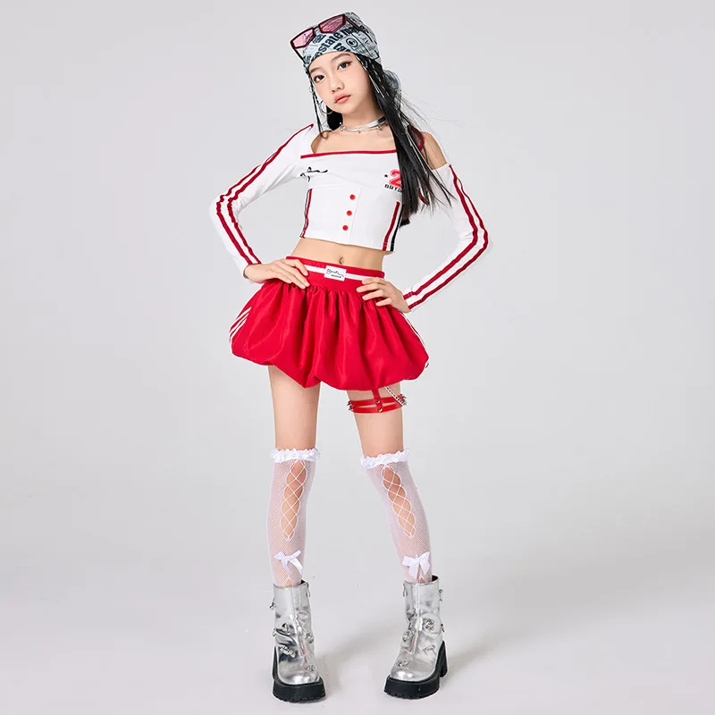 Girls Hip Hop Clothes White Top Red Skirt Jazz Dance Performance Costume Fashion Kpop Outfit Streetwear Catwalk Performance Suit