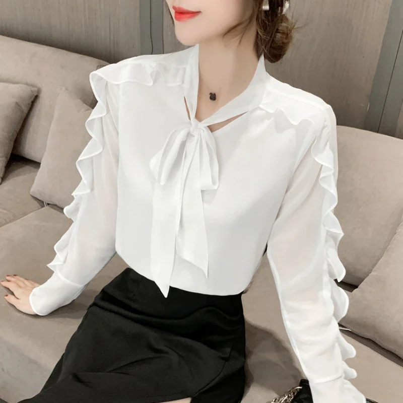 Autumn New Women's Long Sleeve Blouse Korean Fashion Ruffle Slimming Bow Women's Clothing Lace-up Scarf Collar Shirt Corset Top