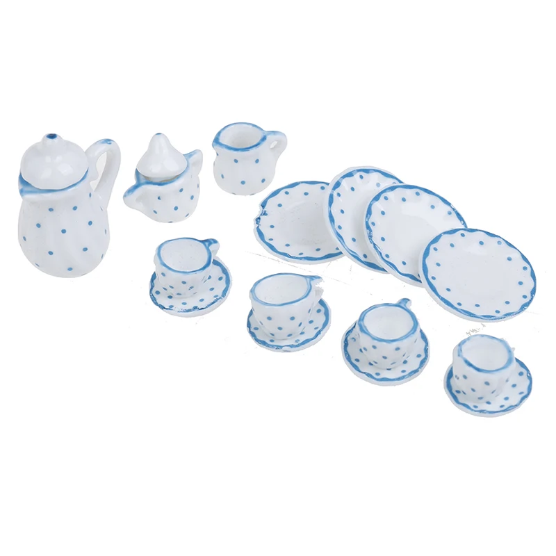 15Pcs 1:12 Dollhouse miniature blue dot tableware porcelain coffee tea cups set