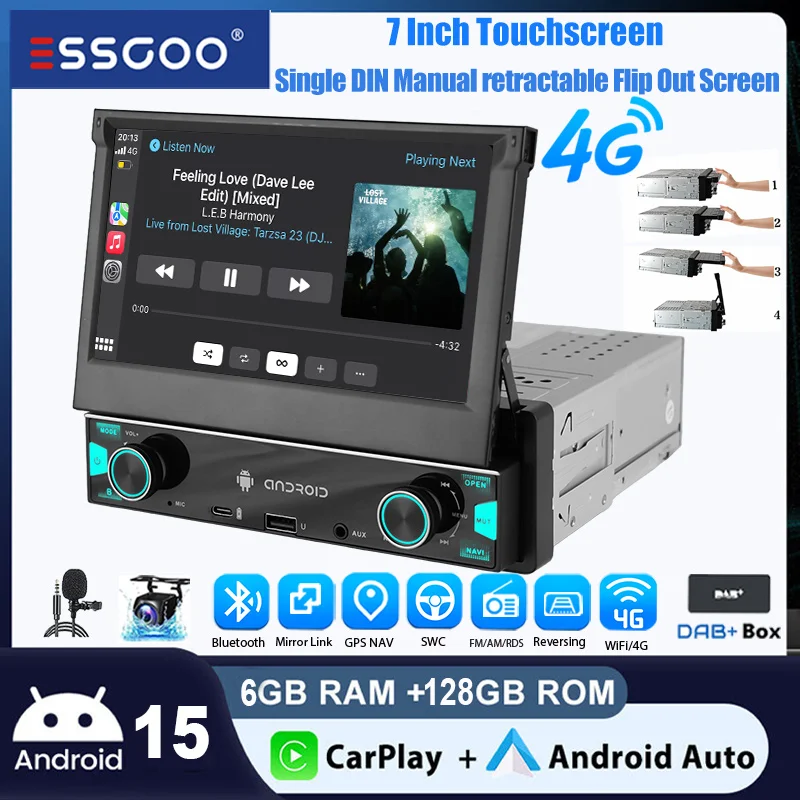 ESSGOO 7 "Android15 6 + 128G Autoradio 1 DIN شاشة لمس قابلة للسحب يدويًا 4G Carplay RDS EQ GPS NAVI WIFI BT FM #1