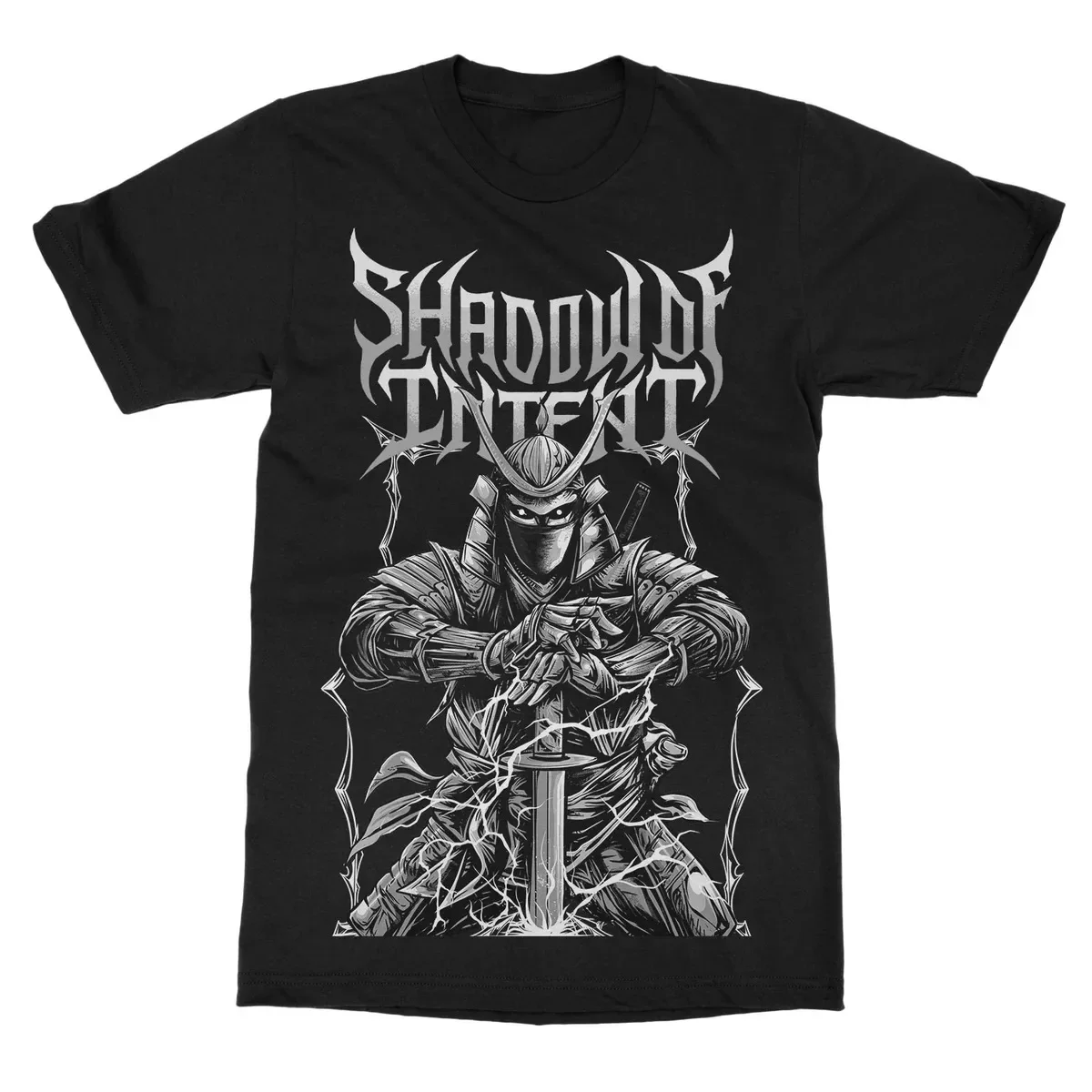 Shadow of Intent Goat Skull Cross Graphic Print T‑Shirt, Features Vintage Distressed Band Lettering Arranged in Arc Shape