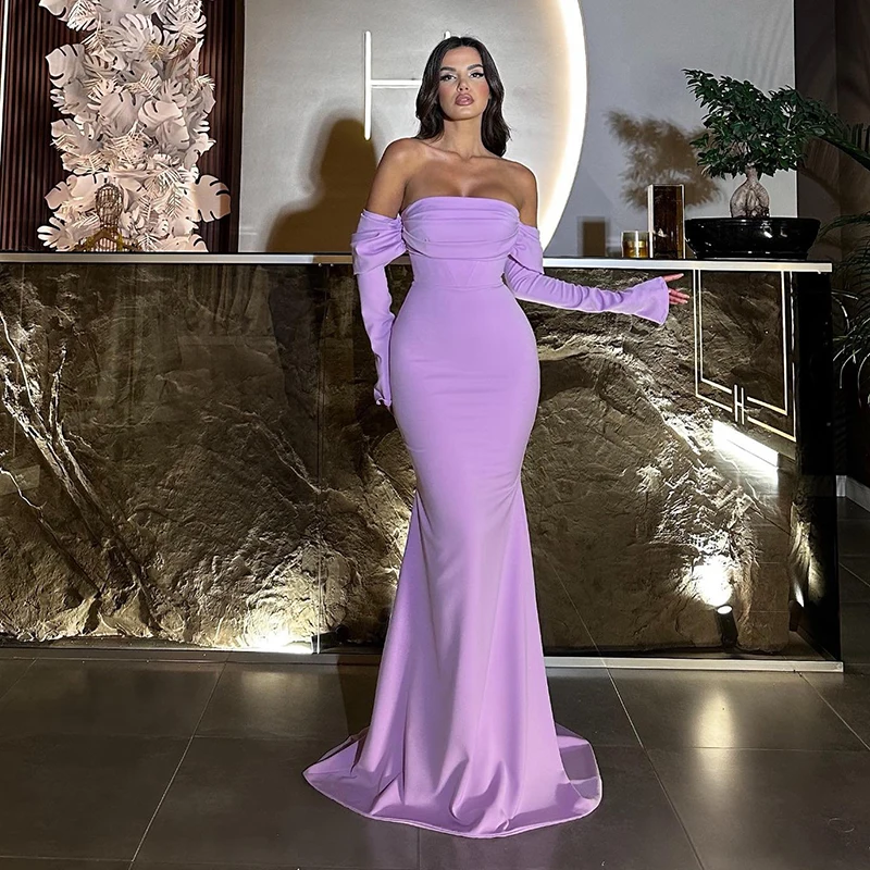 Thinyfull Sexy Mermaid Prom Evening Dresses Strapless Long Sleeve Satin Party Dress Formal Night Cocktail Prom Gowns Custom Size