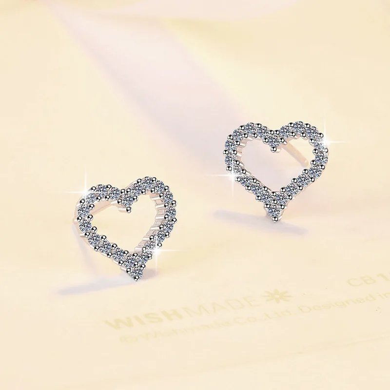 Hollowed Heart Moissanite Stud Earrings, Full Enternity Hypoallergenic Earrings D Color Round Cut Lab Diamond Jewelry for Women