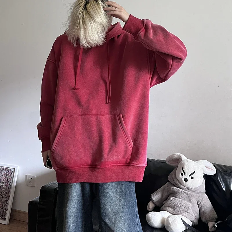New Men\'s Solid color washed hoodie Sweatshirt Couple Hoodie Long Sleeve Loose hip-hop youth Street Boy Pullover Sweater 2024
