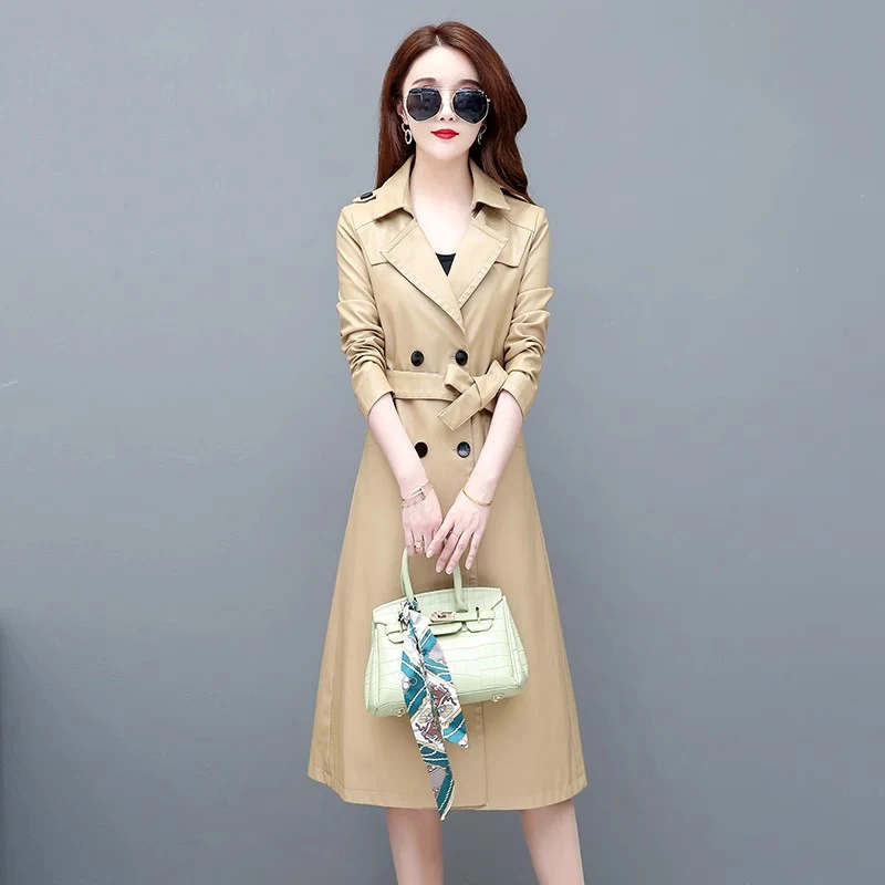 New Women Long Leather Coat Spring Autumn Fashion Casual Turn-down Collar Double Breasted Split Leather Slim Belt Trench Coat