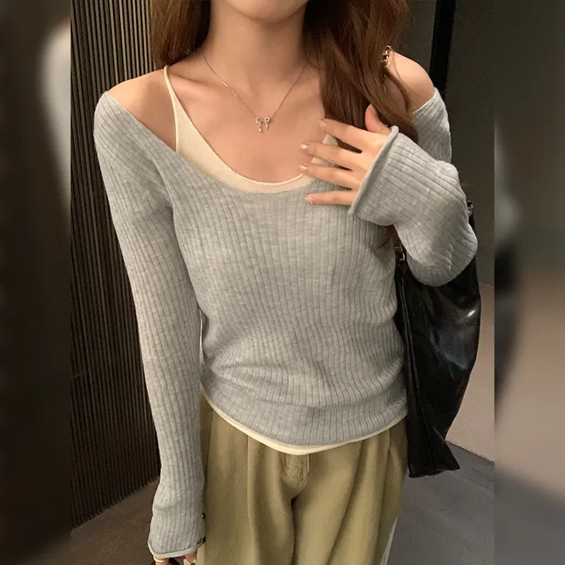 DXH-401-405 Casual Color Blocking V-Neck Two-Piece Illusionflare Sleeve Knitted Top Spring 2024 New Arrival Lazy Style