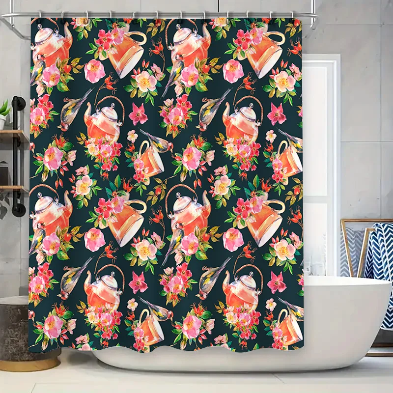 Tea Pot Bird Flower Print Shower Curtain for Bathroom Decor Blue Green Pink White Waterproof Fabric Shabby Chic Home Decor Moder