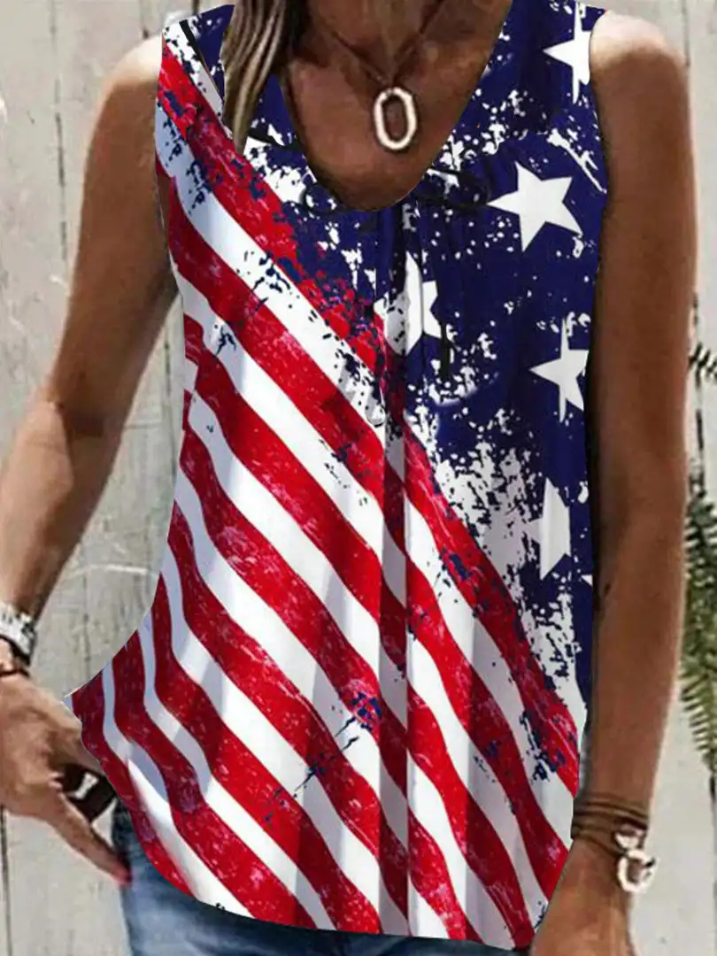 

Plus Size Women's Sleeveless V-Neck National Flag Printed Top