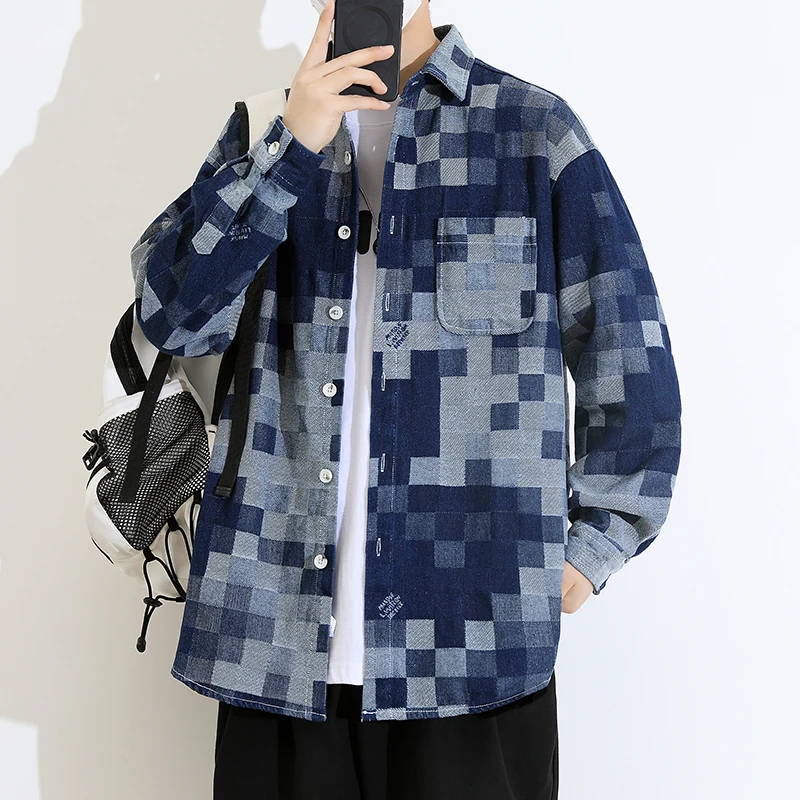 

Trendy Plaid Long Sve Men's irt Spring Autumn Hong Kong Sle Vintage Breathable Cotton Polyester Blend Casual irt