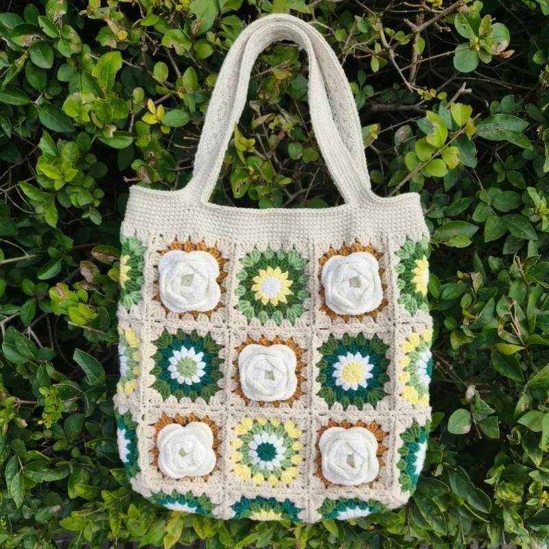 

Handmade crochet casual shoulder bag, white camellia handbag with lining, shopping bag, simple and fashionable