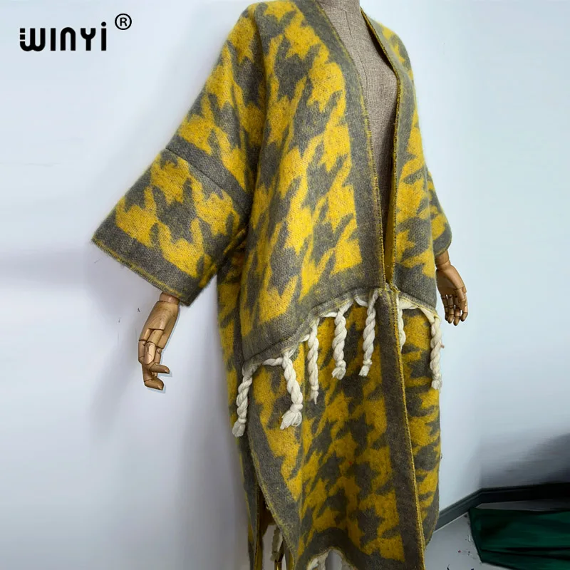 WINYI Winter Women tassel personality fashion printing Cardigan coat Loose dress Thick Warm Women Warm Coat Outwears cloak