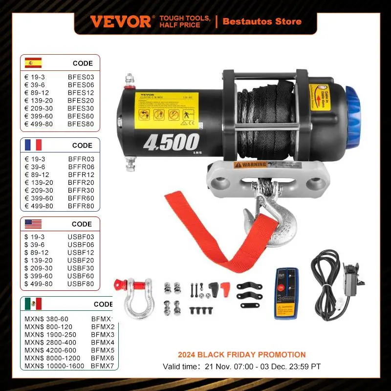 VEVOR Treuil Électrique 2041 kg Treuil de Récupération Électrique avec Télécommande sans Fil 12 V