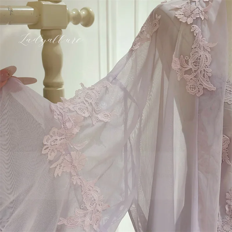 

Flare Sleeve Robe Set Sexy Women Lingerie Embroider Flower Kimono Bathrobe Gown Suit Summer New Loungewear Sleepwear Pajamas