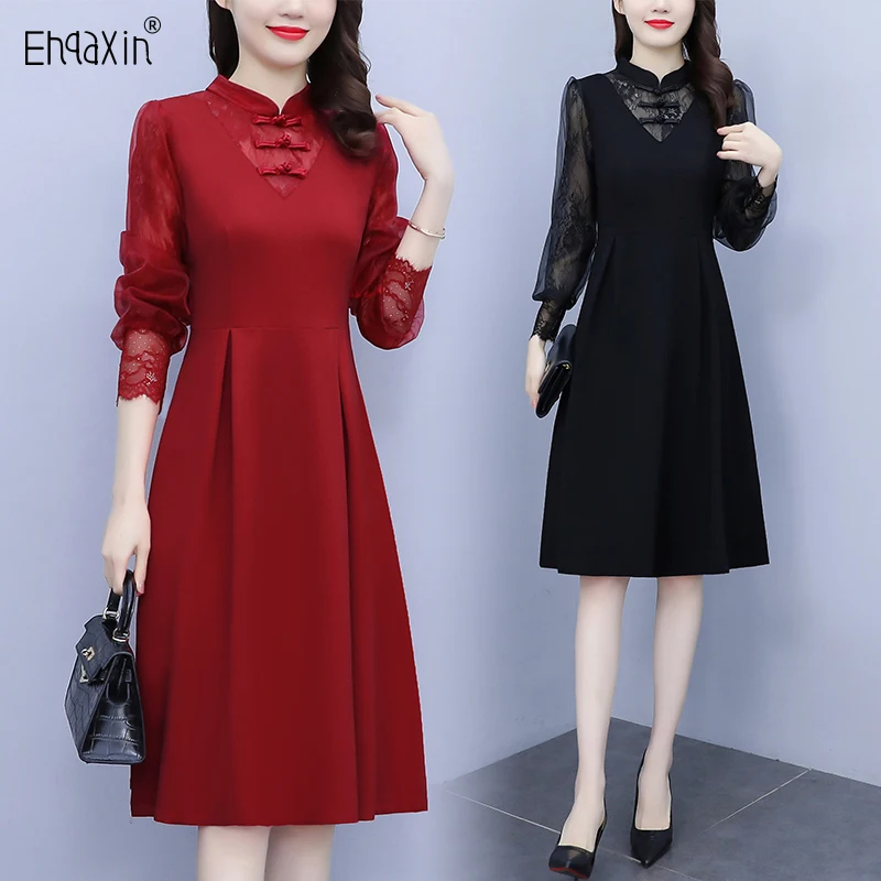 

EHQAXIN Spring Autumn Women's Dress Fashion 2023 Retro Improved Cheongsam Lace Panel Mesh Button Pleated Loose Dresses L-4XL