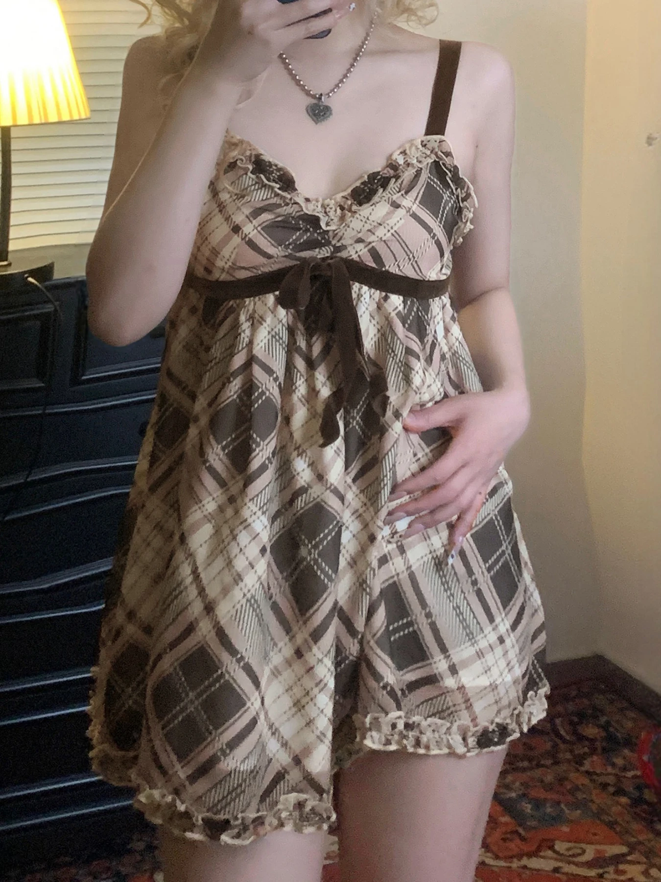 Sweet Plaid Bow Cute Simple Camisole Dresses Tops Fashion All-Match Retro Women Home Clothing image 4