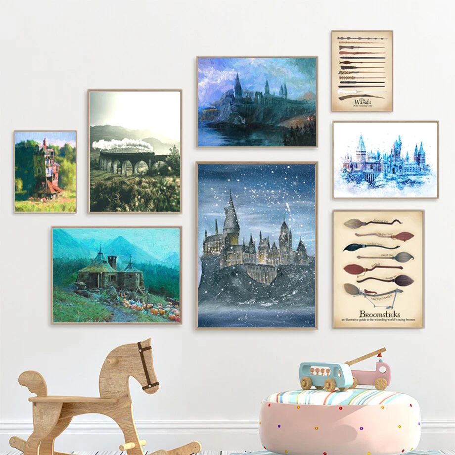 العالم السحري القلعة الفن يطبع هاري بوتر المائية الملصقات فيلم هوجورت القلعة قماش اللوحة غرفة الاطفال جدار ديكور