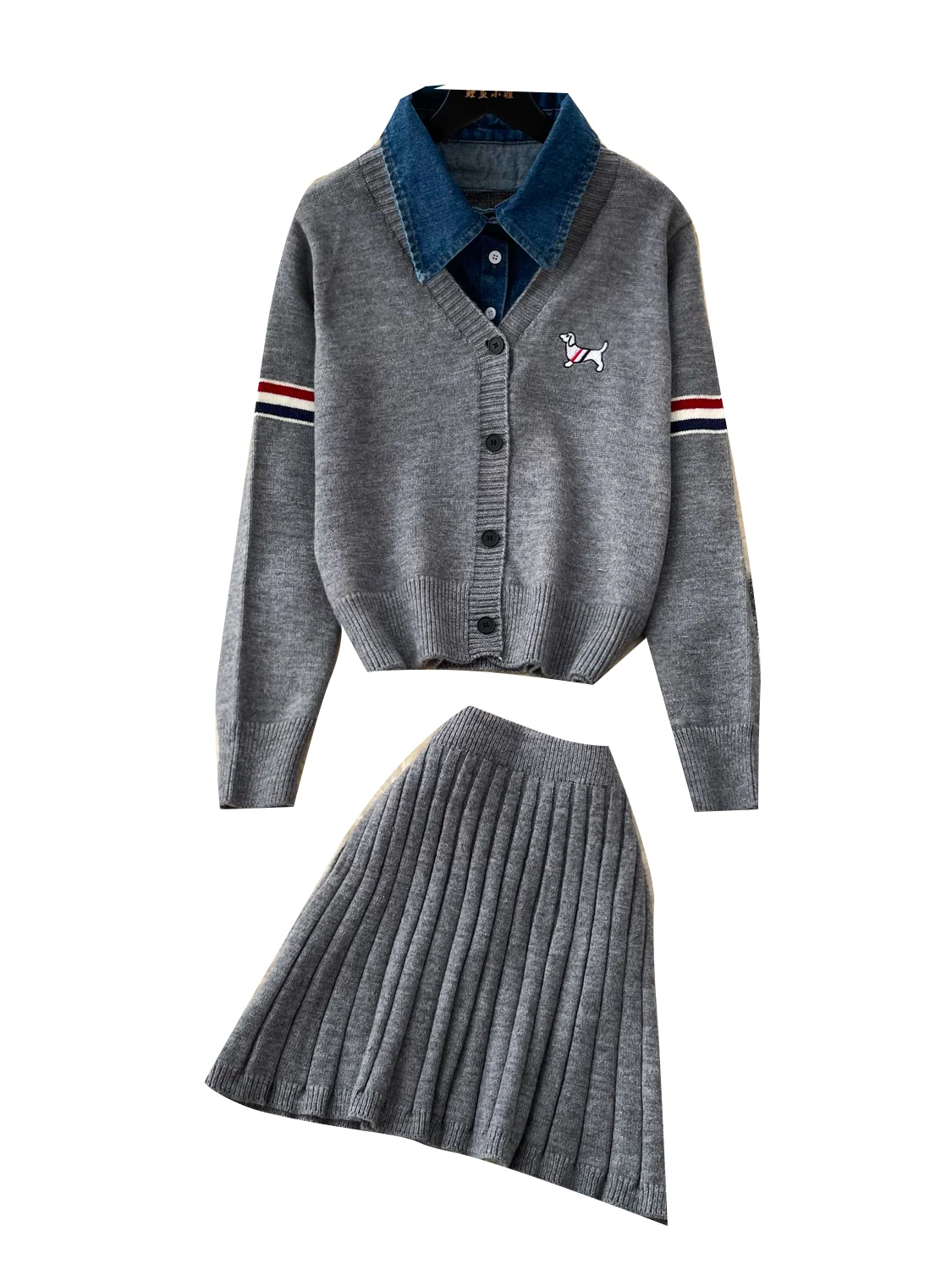 Embroidered Dog Patchwork Denim Collar Knitted Open Cardigan Pleated  Skirt Slimming Autumn Fashion Set Women's Ensemble