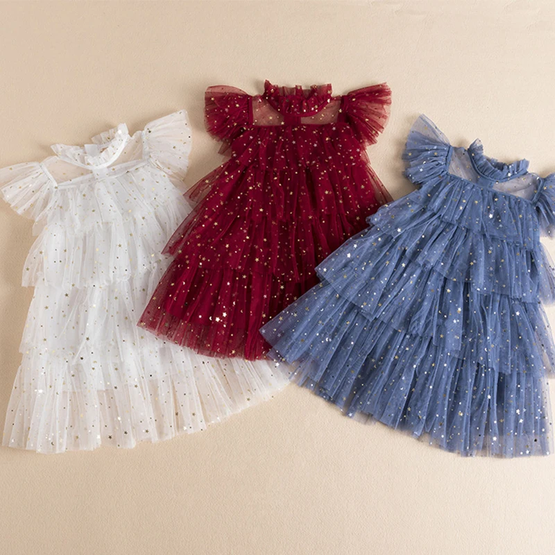 

Girls Tulle Summer New Princess Dresses Fly Sleeve Sequined Star Ruffle Mesh Layered Dress Children Birthday Party Girl Vestidos