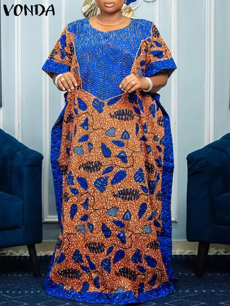 Plus Size VONDA Vintage Maxi Dress Summer Print Party Vestido 2025 Women Bohemian Patchwork Bat-wing Sleeve Sundress Casual Robe