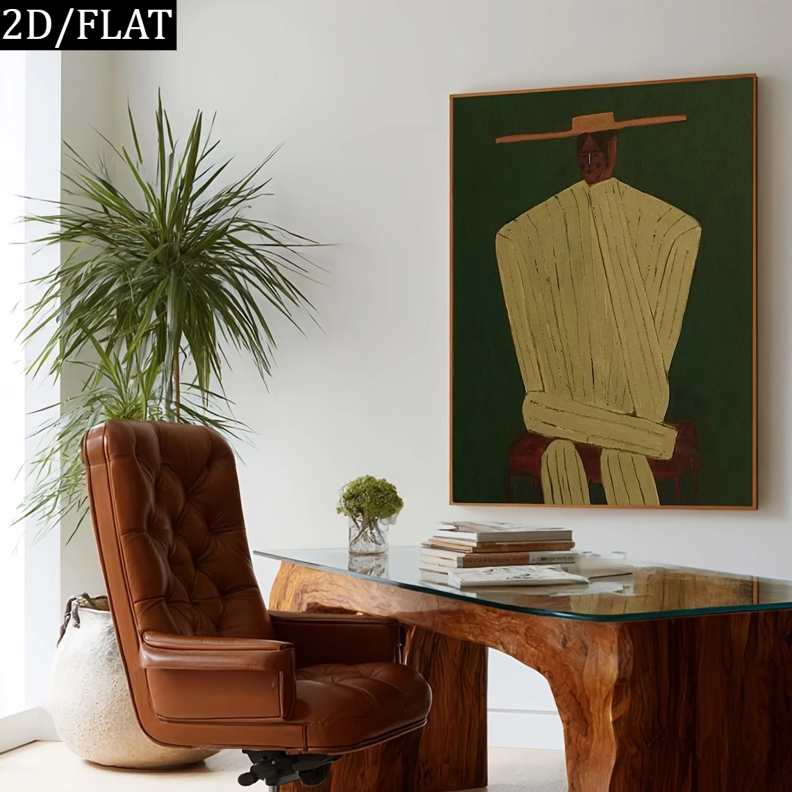 2D Flat Large Vintage Abstract Woman Figure Canvas Wall Art Unframed Green Minimalist Portrait Canvas Print for Bedroom Decor