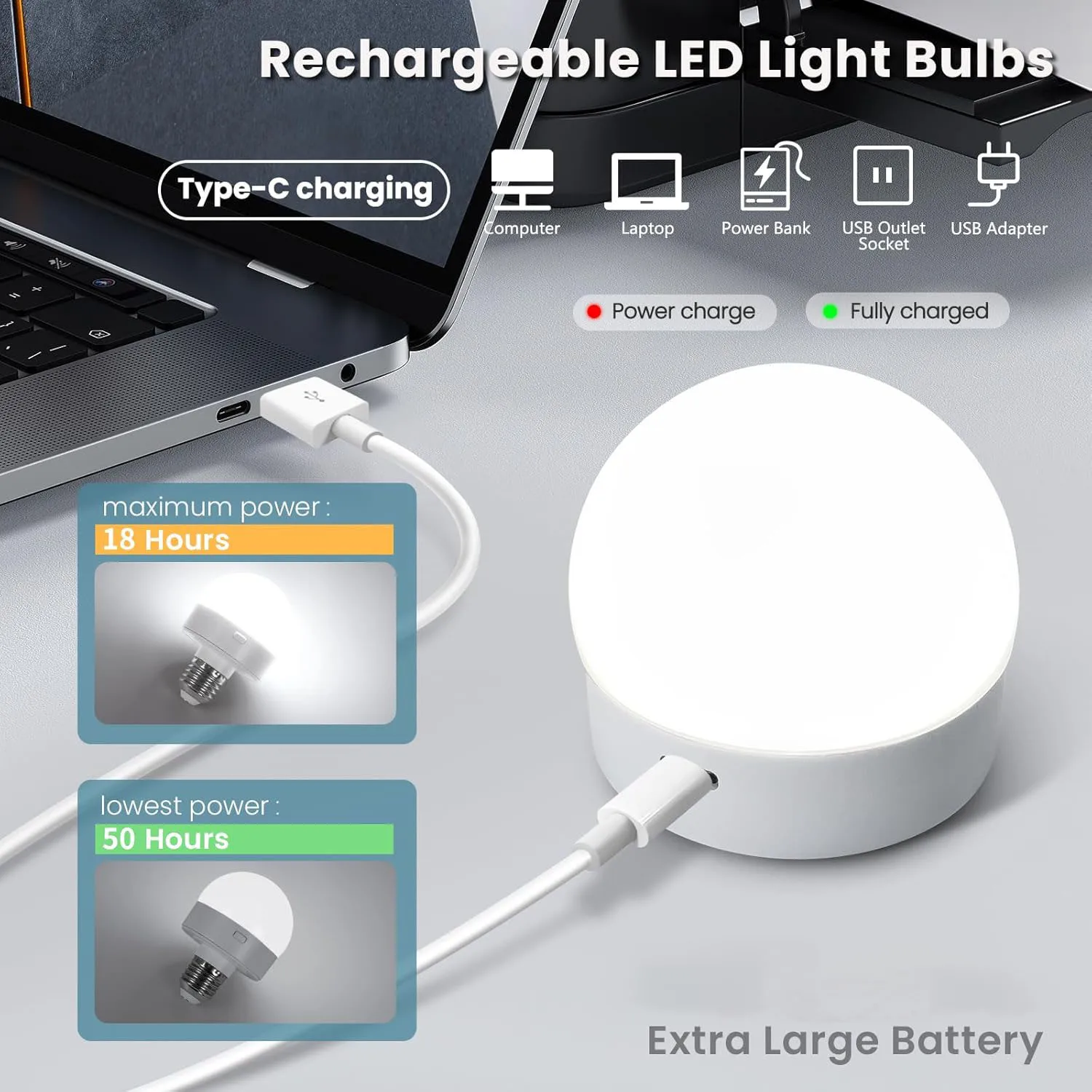 Lampadine ricaricabili con telecomando E27 Lampadina a batteria 2200mAh, Lampadina staccabile, 3 temperature/Timer di colore