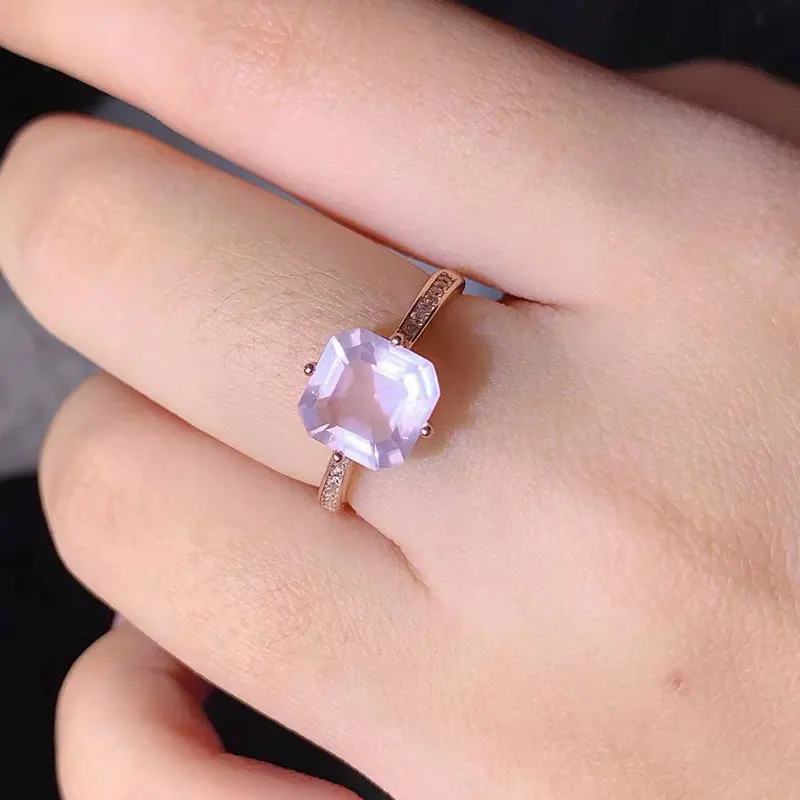 Natural Rose Quartz Ring 8mm*8mm 2ct classic Rose Quartz Silver Jewelry 925 Sterling Silver Gemstone Jewelry with Gold Plating