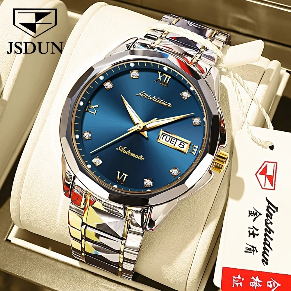 

JSDUN 8813 Mechanical Business Watch Gift Tungsten Steel Watchband Round-dial Week Display Calendar