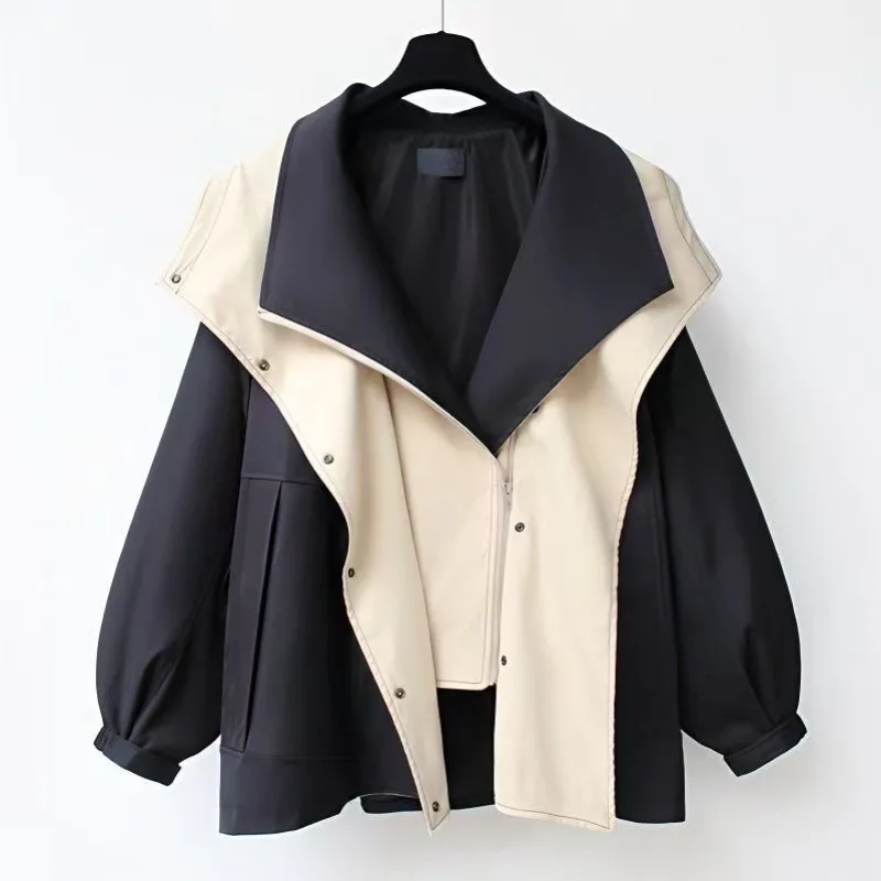 Women's Autumn Spring Blouse Outerwear Trench Coat Loose-fitting Lapel Collar Hooded Zip Fastening Patchwork Comfortable Casual