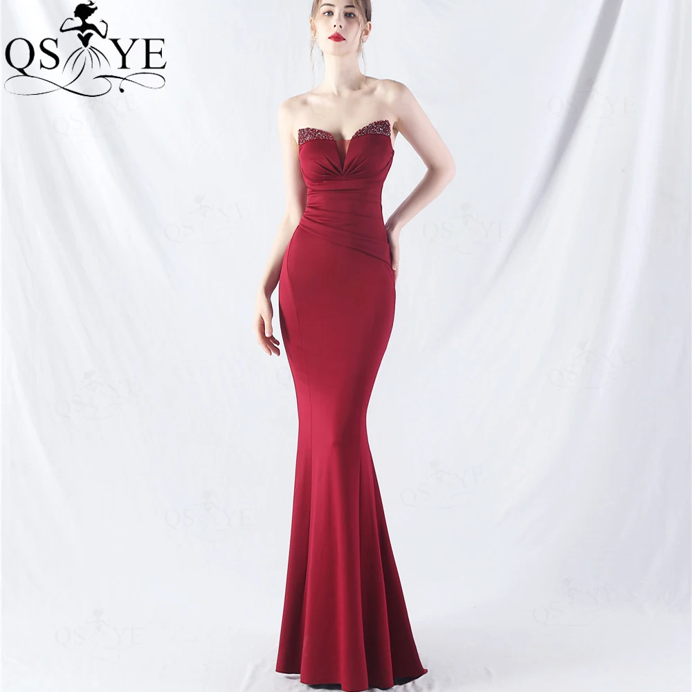 

Burgundy Long Prom Dresses 2024 Crystal Beaded Elastic Ruched Empire Evening Dresses Off Shoulder Full Mermaid Party Formal Gown