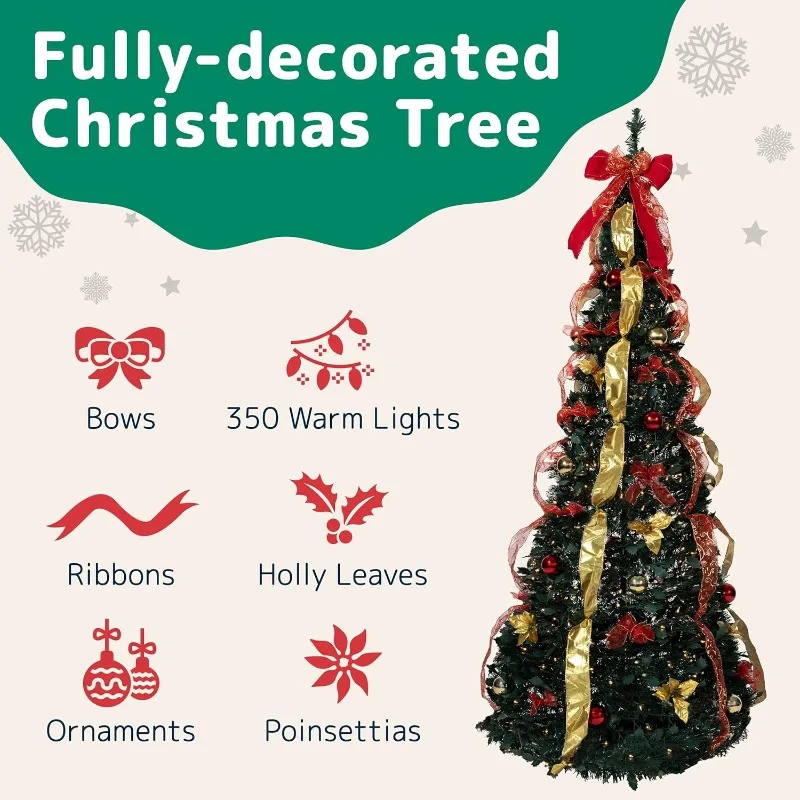 Premium 6 ft Pre-Decorated Christmas Tree with 350 Warm Lights, Gold and Red Color, Polyvinyl Chloride Material,