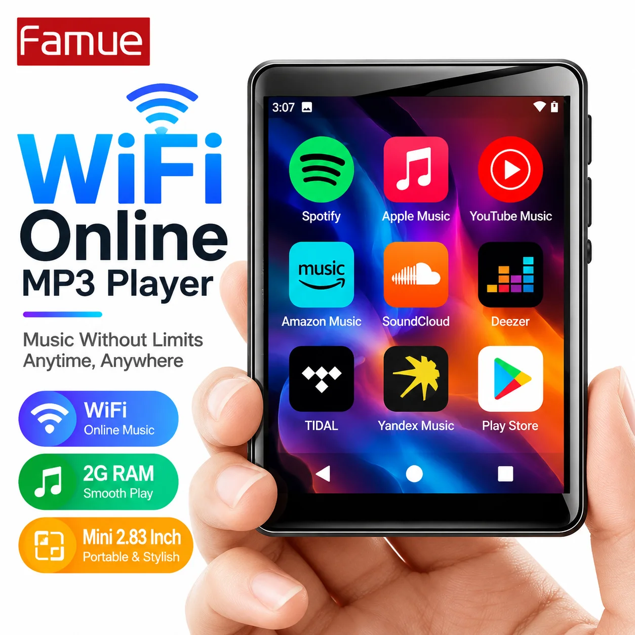 Lettore MP3 MP4 portatile Famue PA03, schermo da 2,83 pollici, WiFi, Android 10, Octa Core, 2GB, 128GB, Bluetooth, Deezer, Spotify, YT Music, per stud