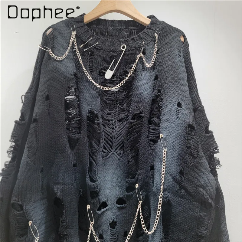 Harajuku Style Street Personality Ripped Hollow Sweater Women Korean Fashion Pin Round Neck Knitted Long Sleeve Pullover Autumn