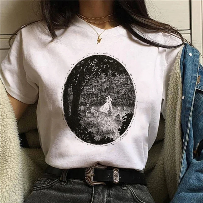 

Fashion Retro Autumn Ladies T-shirt Cartoon Halloween Print T-shirt Short Sleeve Harajuku Cartoon Pattern White Crewneck Top Str