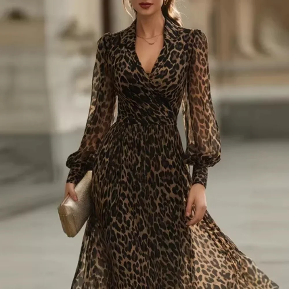 Women Shirt Collar Leopard Print Maxi Dress Elegant Flowy Long Sleeve Long Dress Fashion Casual Party Dress Office
