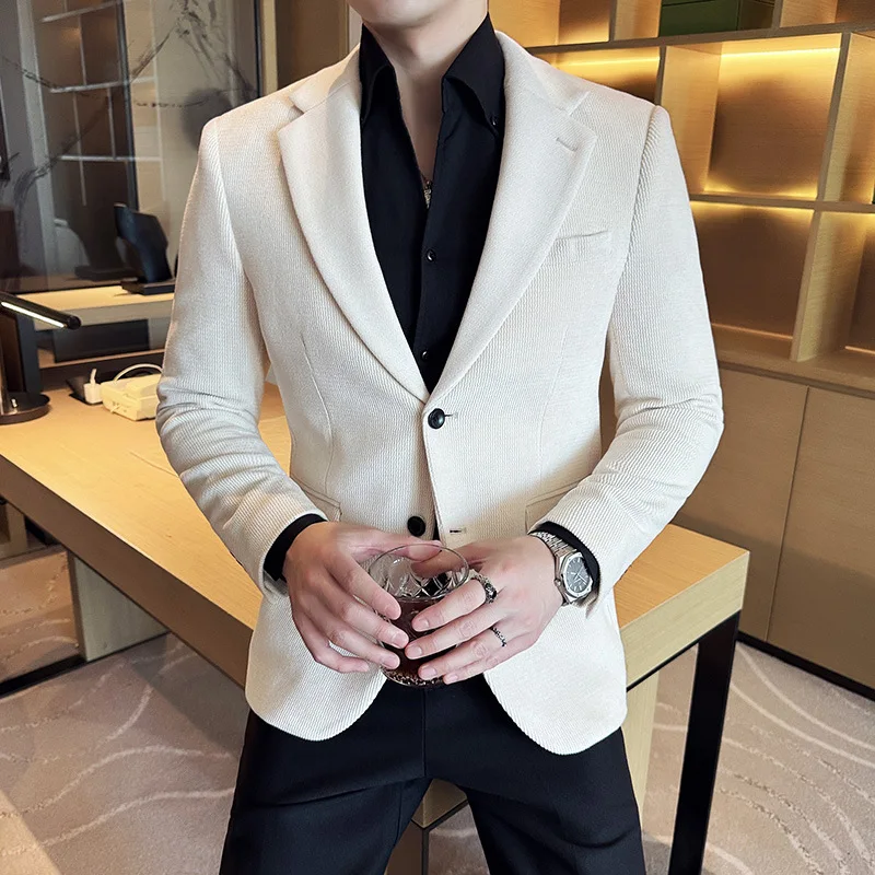 Autumn Winter Fashion Seaweed Pattern Suit Jacket High Quality Luxury Slim Fit Casual Men's Blazers Coats Social Prom Tuxedo