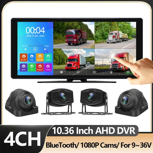 트럭/버스/RV/트레일러 모니터 키트 용 10.36 인치 터치 스크린 블랙 박스 4 채널 감시 카메라 AHD 1080P 나이트 비전 차량 DVR 시스템 주차 레코더 