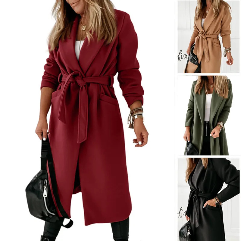 

Women Solid Color Autumn Winter Woolen Coat Sashes Long Sleeve Trench Jackets