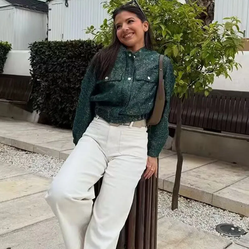 Damskie krótkie kurtki vintage ze stójką, nowa moda 2025, zapinane na zamek, z kieszeniami, odzież wierzchnia, damska odzież uliczna, luźne płaszcze z długim rękawem.