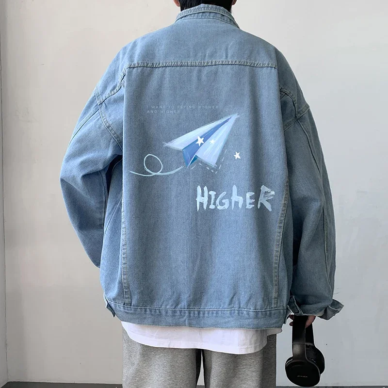 

Men's Vintage Denim Jacket Autumn Man Oversize Coat Paper Airplane Print Casual Wear 5XL Jean Jacket Cotton Men's Outerwear