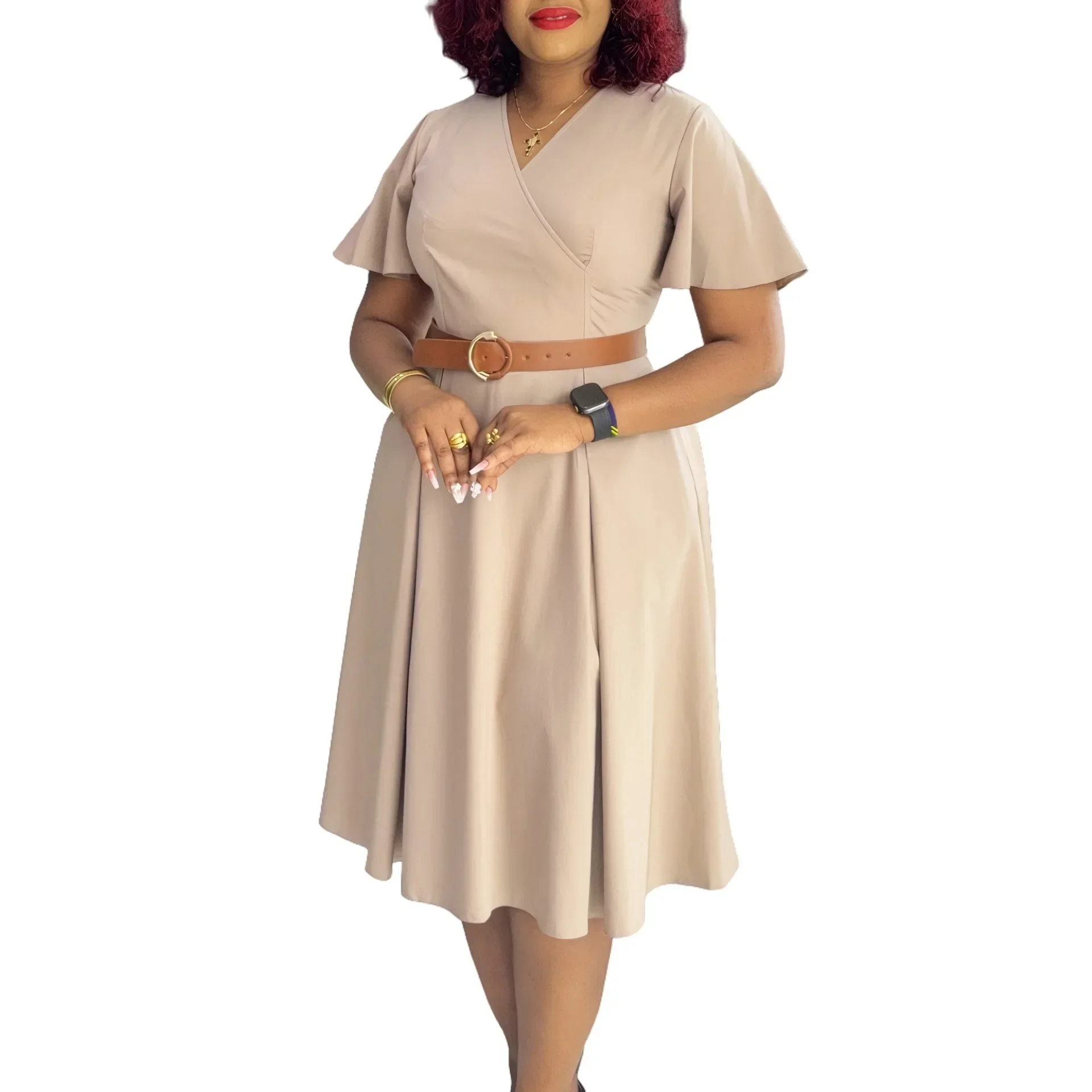 

African Dresses for Women Summer Fashion African Short Sleeve V-neck Polyester Party Evening Midi Dress Outfits Ankara Dresses