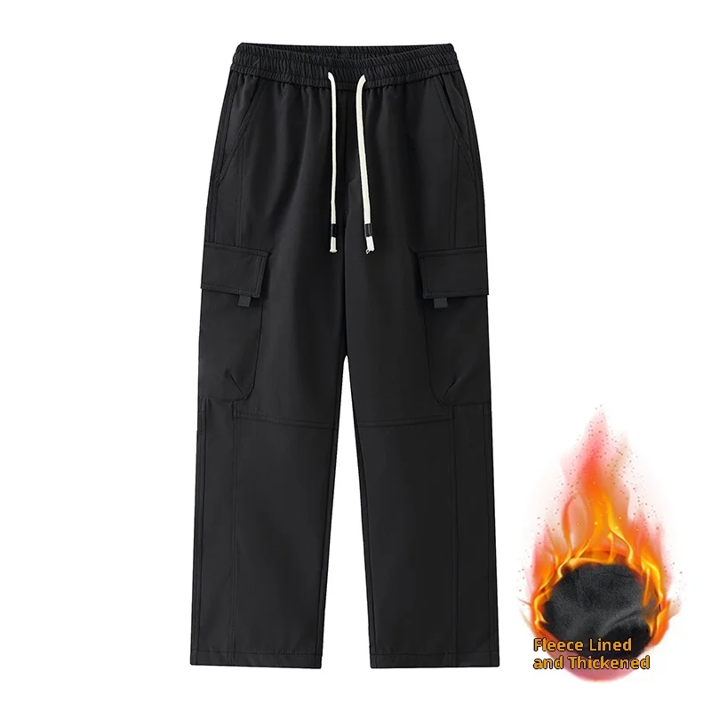1 Piece of Men's Autumn and Winter Fleece-Lined Thickened Warm Cargo Pants, Multi-Pocket Functional Drawstring Straight-Leg Cargo Pants, Outdoor Windproof and Cold-Resistant Casual Pants, Large Size Trendy Men's Winter Essential Warm Pants
