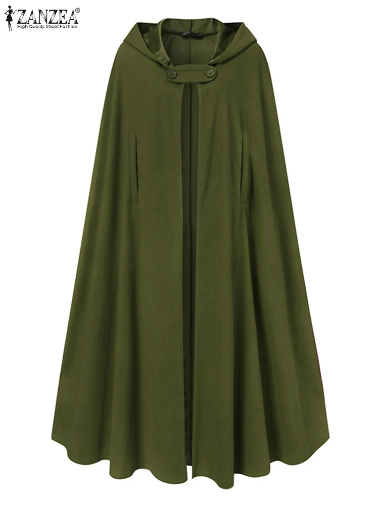 Fashion Long Cape Cloak ZANZEA Women Hooded Wool Blend Cloak Coat
