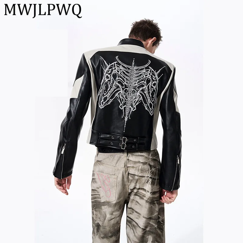 

Мужская кожаная куртка MWJLPWQ с вышивкой, воротником-стойкой, длинными рукавами, короткая, стильная, тренд 2026, модель 14273