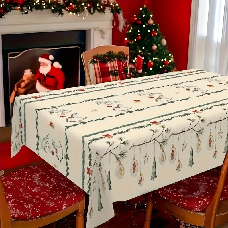 One piece of linen Christmas tablecloth - Classic holiday decoration, featuring a green wreath,